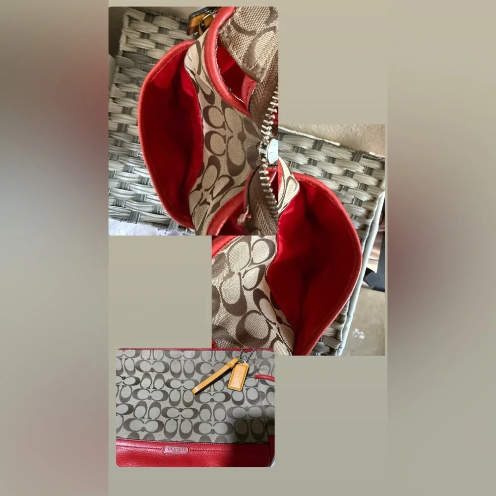 Coach Signature Canvas Tote w/ Red Coral Leather Trim – F23297 - Picture 14 of 16